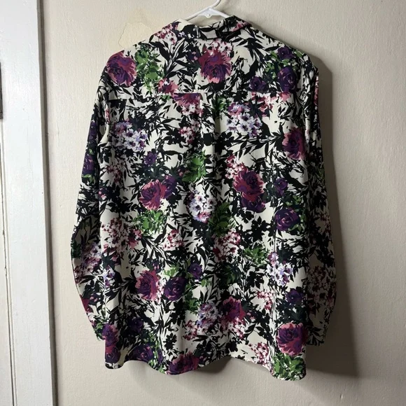J Jill Cream Floral Dark Button Front Long Sleeve Blouse - Picture 6 of 6